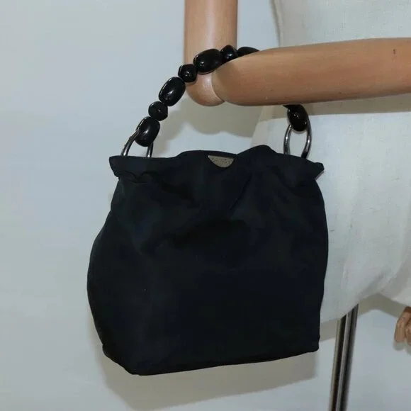 Christian Dior Maris Pearl Hand Bag Nylon Black Silver